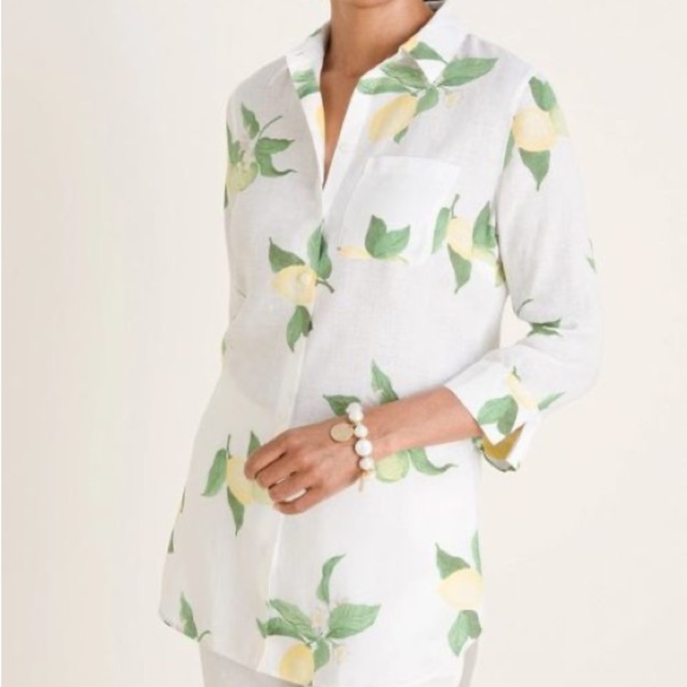 Chicos Womens 100% Linen 3/4 Sleeve Lemon Button Top Size S White Beach Coastal